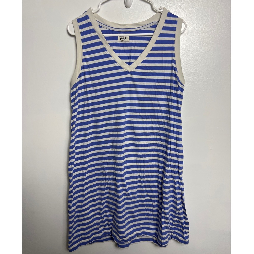Pact Organic Cotton Striped V-Neck Sleeveless T-Shirt Dress Blue White L Coastal